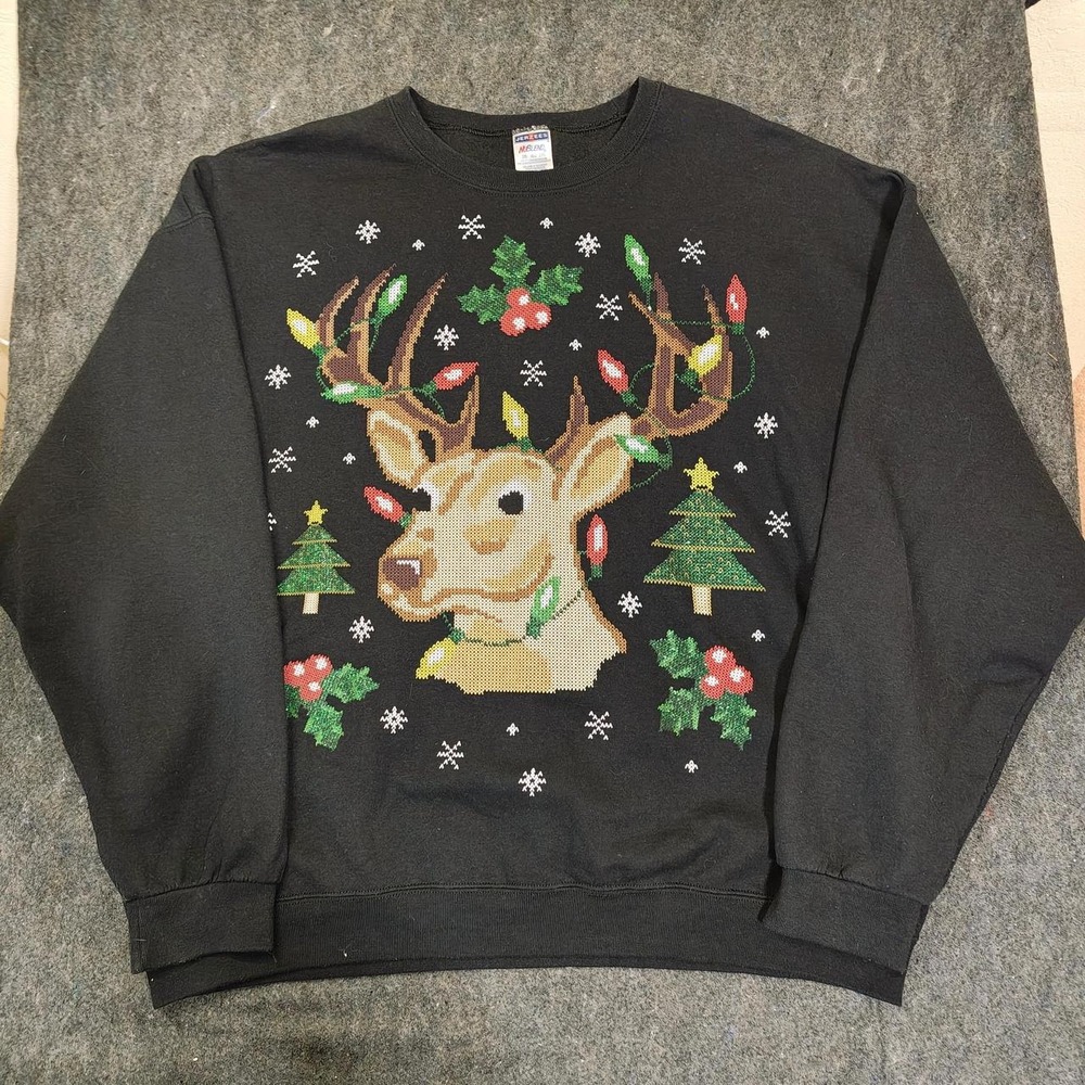 Vintage Jerzees NuBlend Reindeer Ugly Christmas Sweater Black Mens XXL